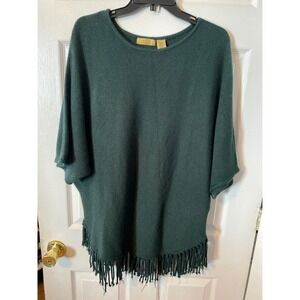 Valerie‎ Stevens Forest Green Ribbed Knit Fringe Hem Poncho Sweater Womens Large